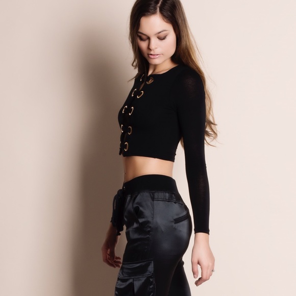 Black Eyelet Ladder Lace Up Top - Picture 2 of 4