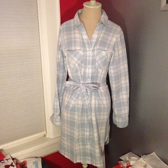 Pale Blue Plaid Flannel Long Sleeve Winter Dress