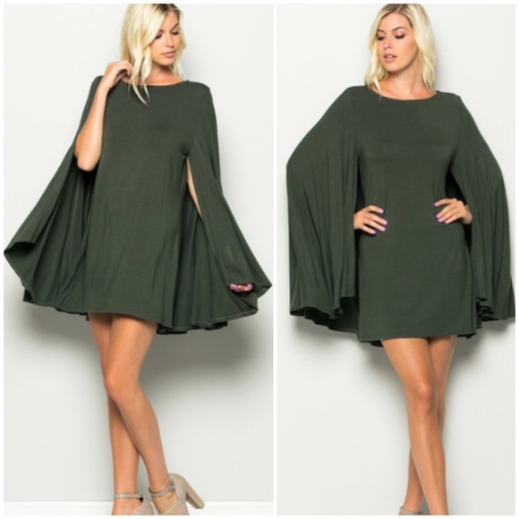 Olive Green Mini Cape Dress - Picture 2 of 4