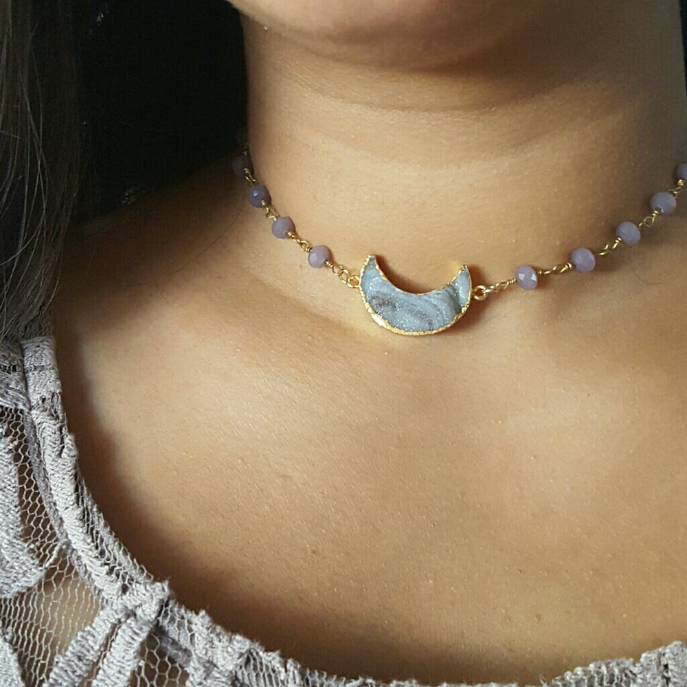 Raw druzy quartz necklace, rosary crystal necklace
