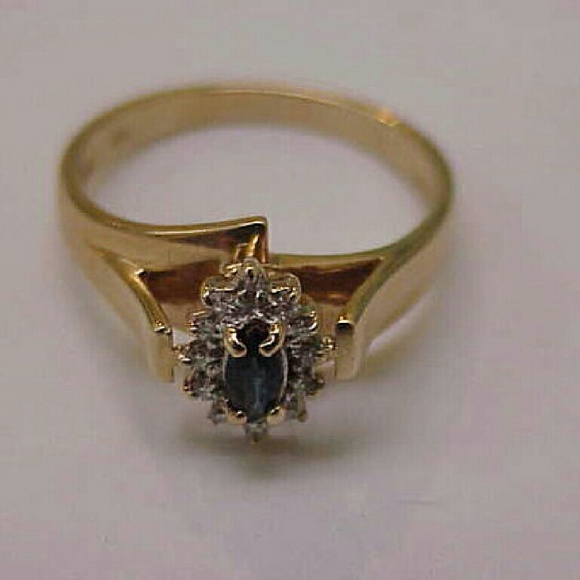 Vintage Estate Diamond & Marquise Sapphire Ring 10K Yellow  Estate Vintage 10k Yellow Gold Genuine  .56ct Sapphire Diamond Ring