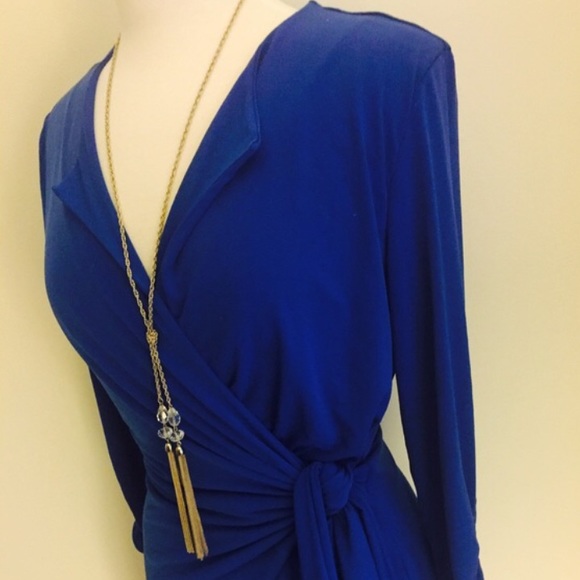 Cobalt Blue Wrap Dress Long Sleeve Stretchy