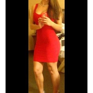 Mini red bandage dress.