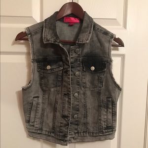 Gray, black wash jean vest.