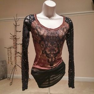 Miss Me Burnout Tee w/Black Floral Lace Sleeves
