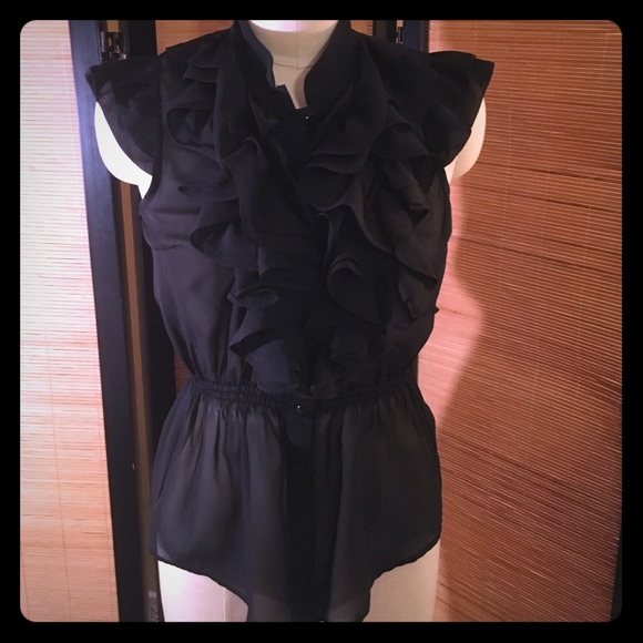 Black sheer, ruffled front top