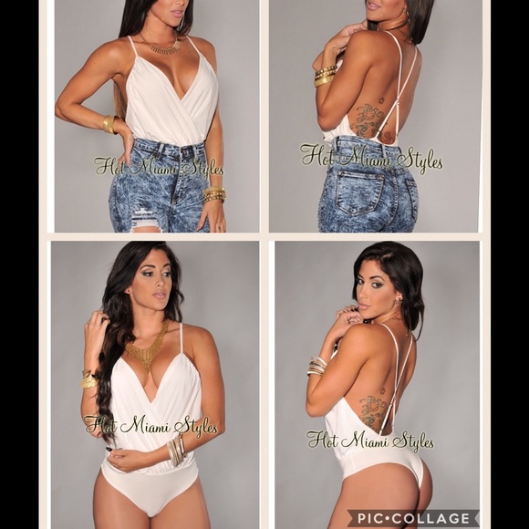 Hot Miami Styles Tops - Hot Miami Styles Ivory Crisscross Back Bodysuit
