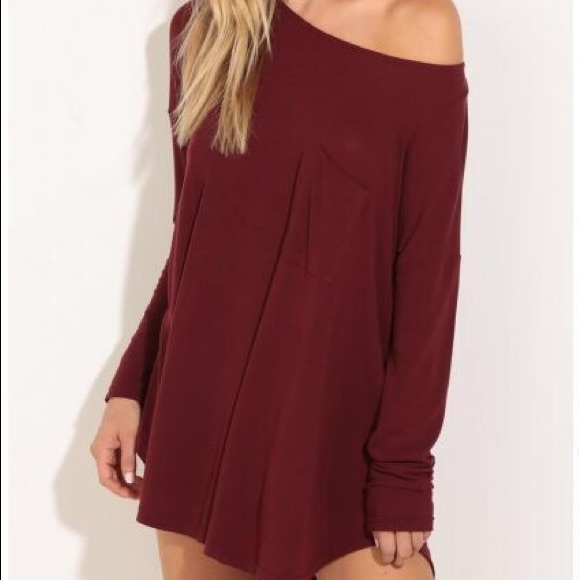 Burgundy open shoulder T shirt - Picture 2 of 4
