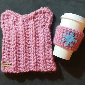 Pink Cat Ears Hat and Snowflake Coffee Cozy Set