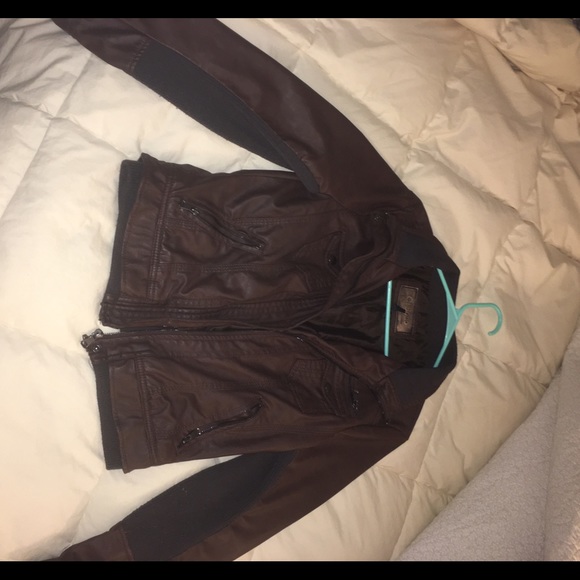 Brown leather jacket.