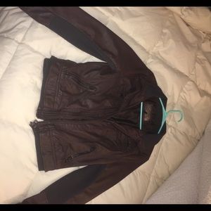 Brown leather jacket.
