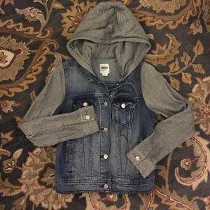 Denim jacket with sweatshirt sleeves and hood