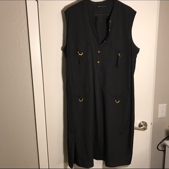 Black dress with gold detail.