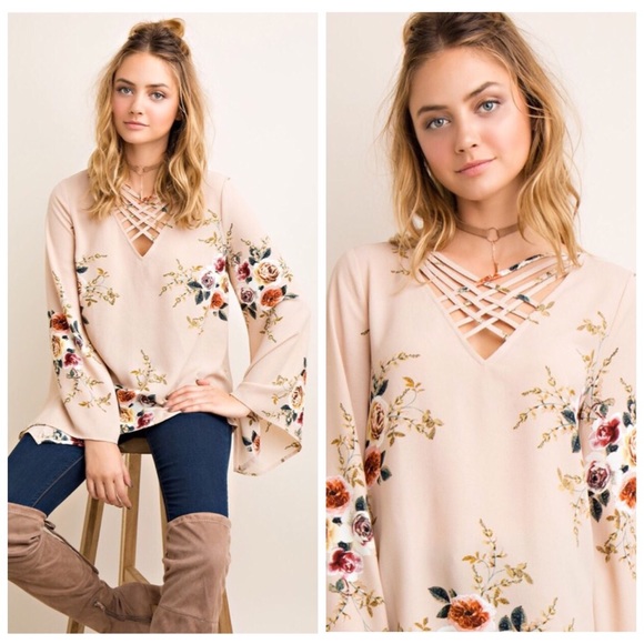 Boutique Tops - ❗️CLEARANCE❗️Taupe Floral Cross Neck Tunic S M L