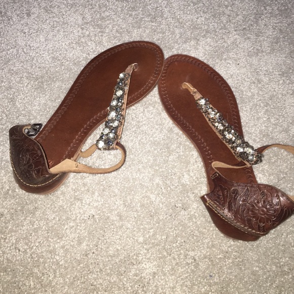 Anthropologie leather jeweled flat sandal