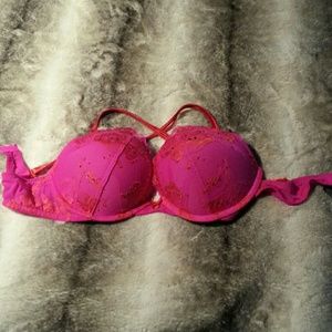 VS lacey hot pink and red criss-cross push up bra
