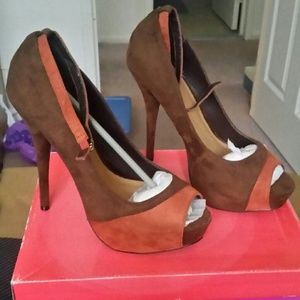 Suede Brown and Orange Peep Toe Heels