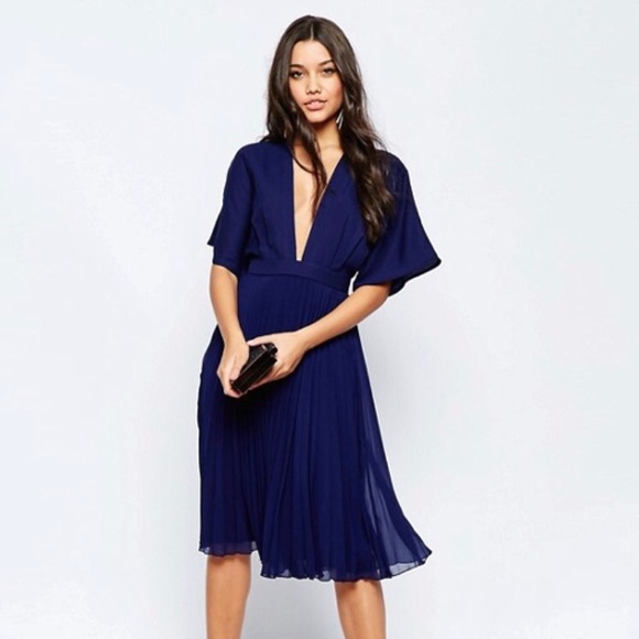 ASOS Kimono Sleeve Pleated navy Midi Dress