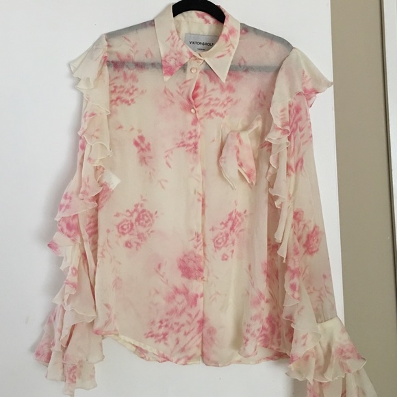 VIKTOR & ROLF EMBELLISHED LONG SLEEVE SILK BLOUSE