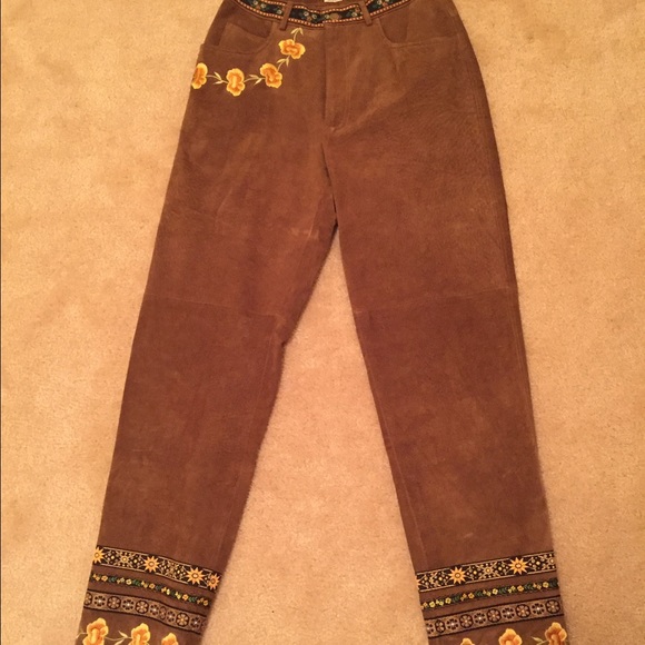 Brown Suede Embroidered Pants