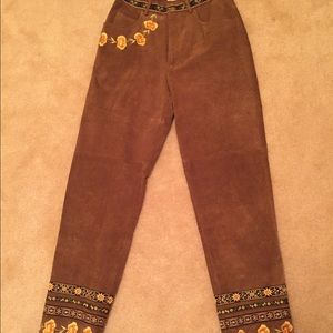 Brown Suede Embroidered Pants