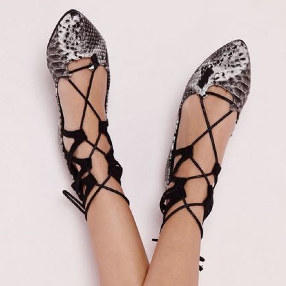 Missguided lace up pointy flats snake print