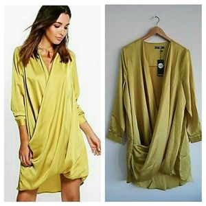 Boohoo 
Jinnie Satin Wrap Front Shift Dress