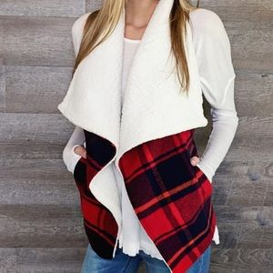 Red/Navy Plaid shearling Vest