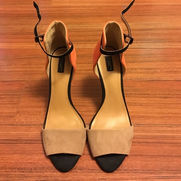 Nude and orange ankle strap heels