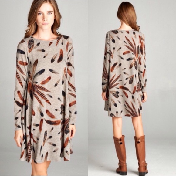 ❣️LAST-S❣️ Feather Print Fall Flowy Swing Dress - Picture 2 of 4