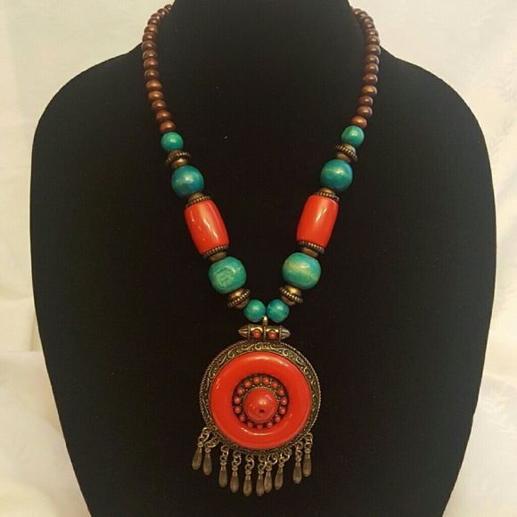 Red and Blue Tribal Statement Necklace