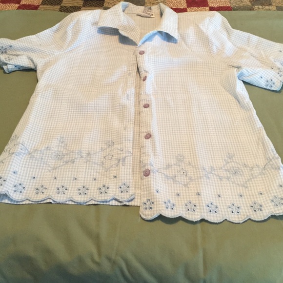 Blue and white checked button blouse