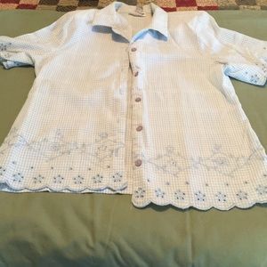 Blue and white checked button blouse