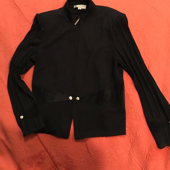 St. John knit, suede waist ribbed sleeve zip front