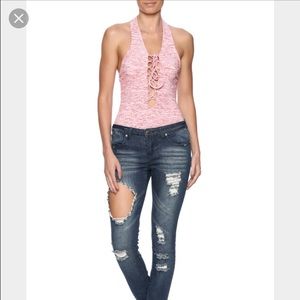 Red Lace-Up Halter bodysuit!  Worn once!