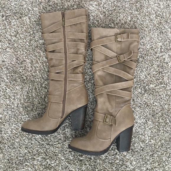 Tall heeled boots with buckle detail, taupe