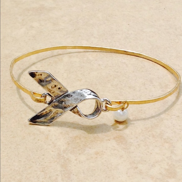 Two Tone Awareness Ribbon Pearl Charm Bangle - Picture 1 of 1