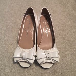 White sliver wedge dress shoes