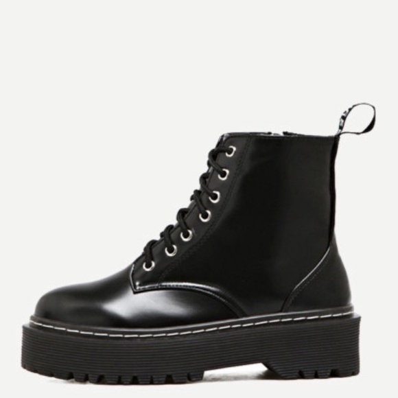 Black PU lace up side zipper boots