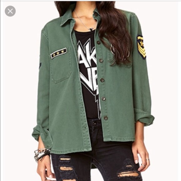 F21 green patches military jacket large