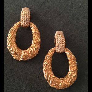 Ciner Clip Drop Gold Earrings w/Rhinestones