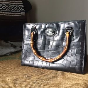 Bamboo Handle Leather Embossed Bag
