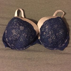 navy lace and gray shimmer bra