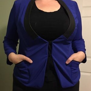 Brilliant blue jacket with black pleather trim