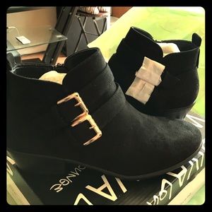 Cute faux suede gold buckle ankle booties