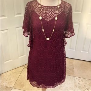 Darling Cranberry lace dress over slip.