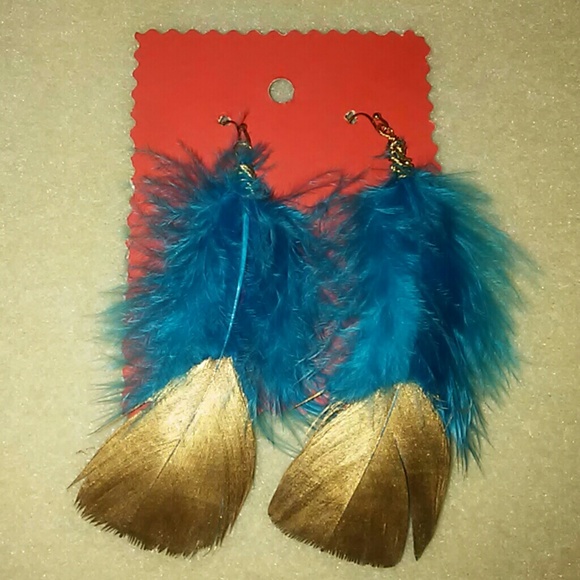 Blue and Gold feather earrings
