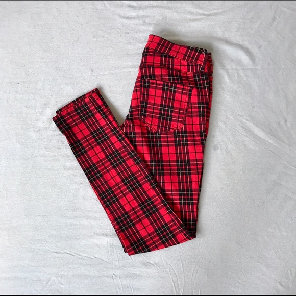 Red plaid cigarette pants