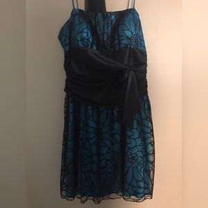 Blue party dress with black flowers