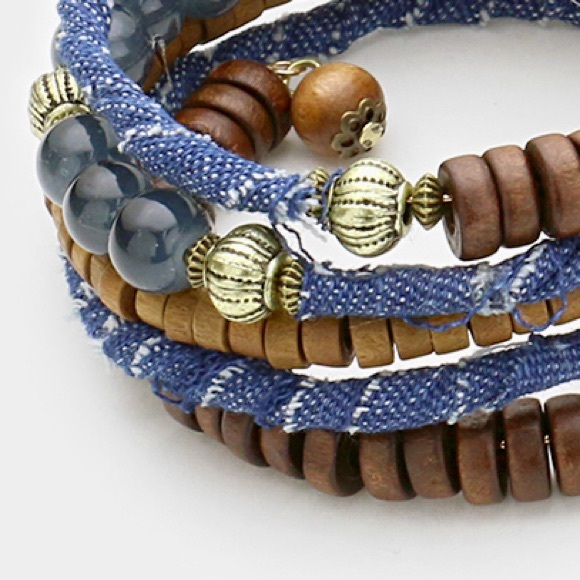 Wooden Bead & Denim Coiled Bracelet - Picture 2 of 2
